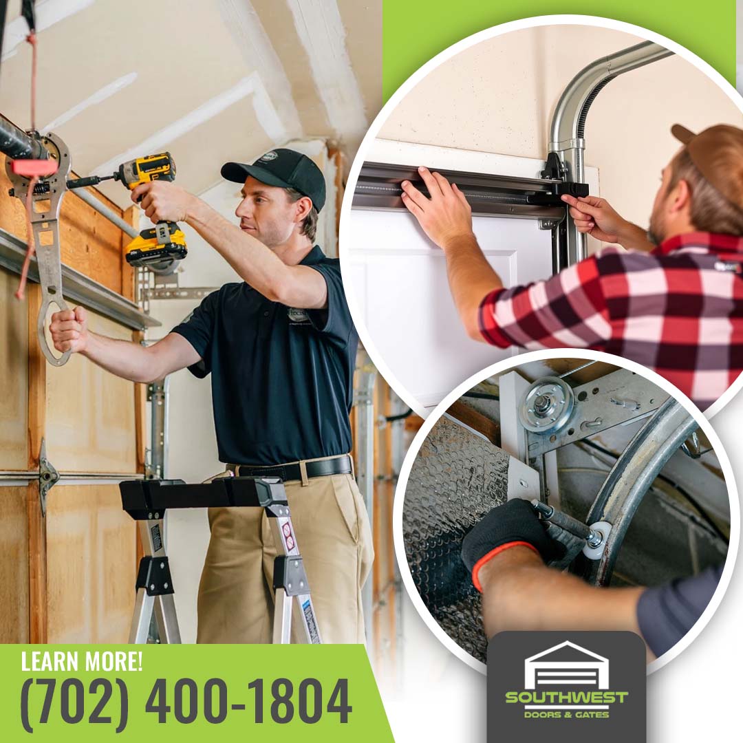 Technicians repairing garage door components, including tightening torsion spring brackets, fitting door tracks, and installing roller hardware