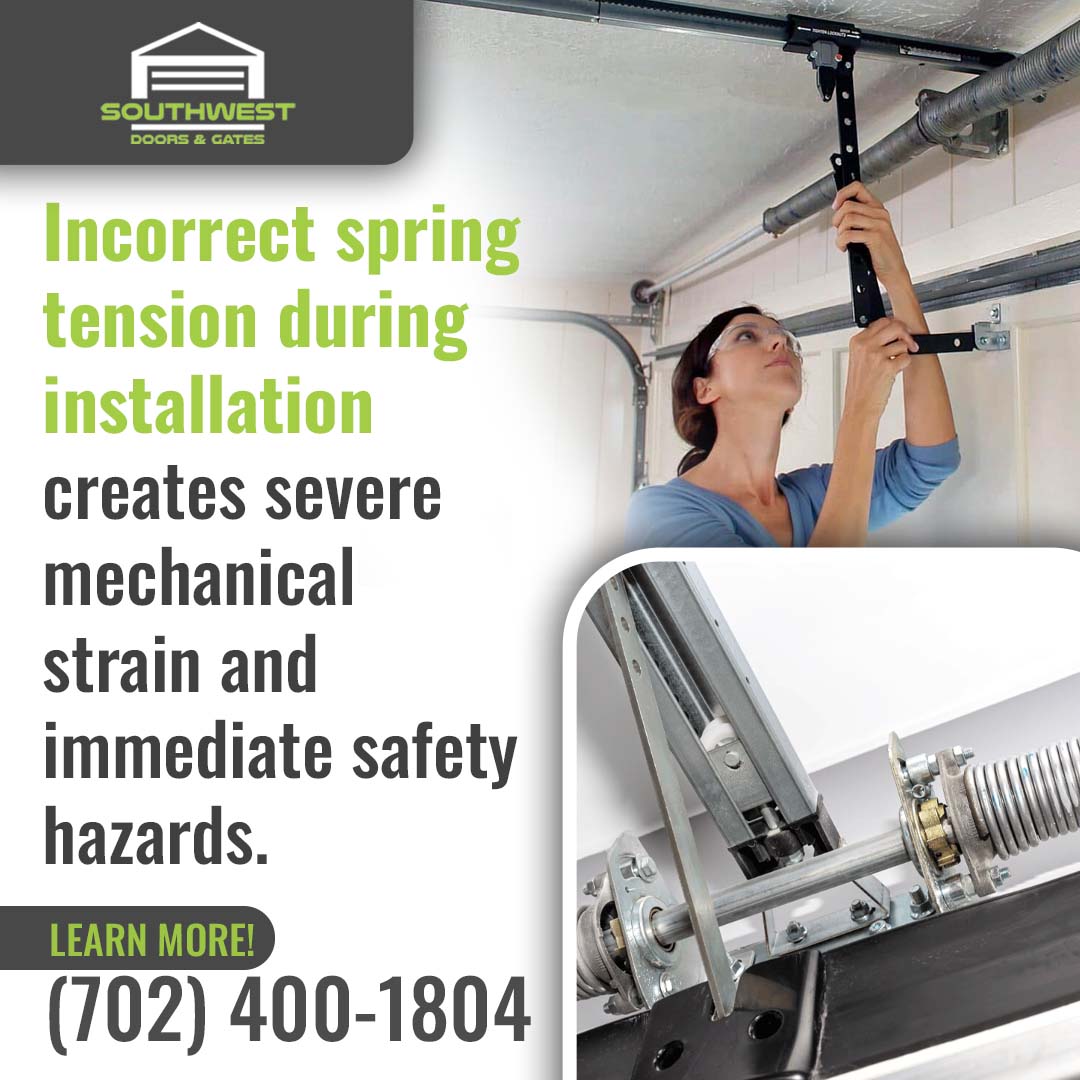 Split image showing a technician adjusting an overhead garage door opener arm alongside a close-up of a spring and bracket assembly.