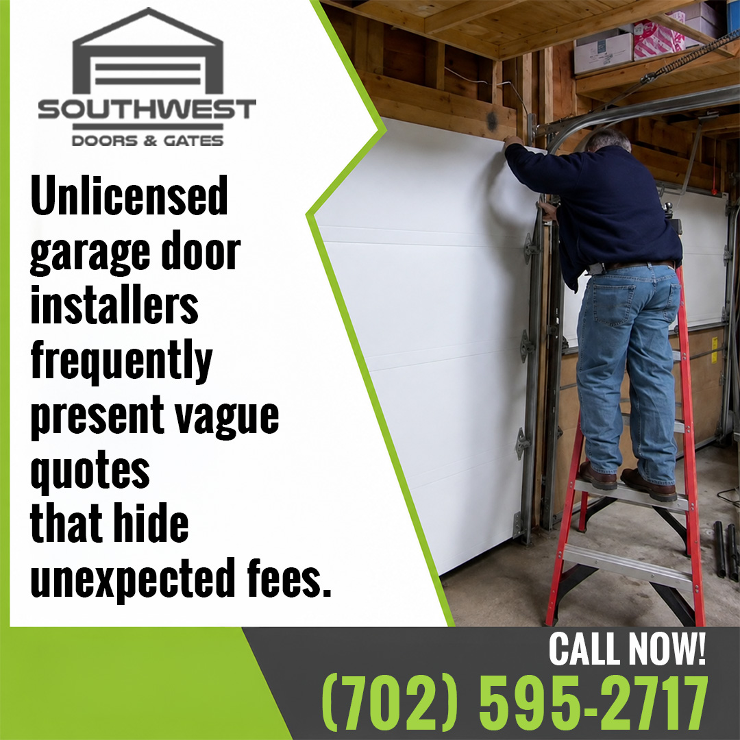Technician on a ladder aligning white garage door panels along a vertical track in a residential garage.