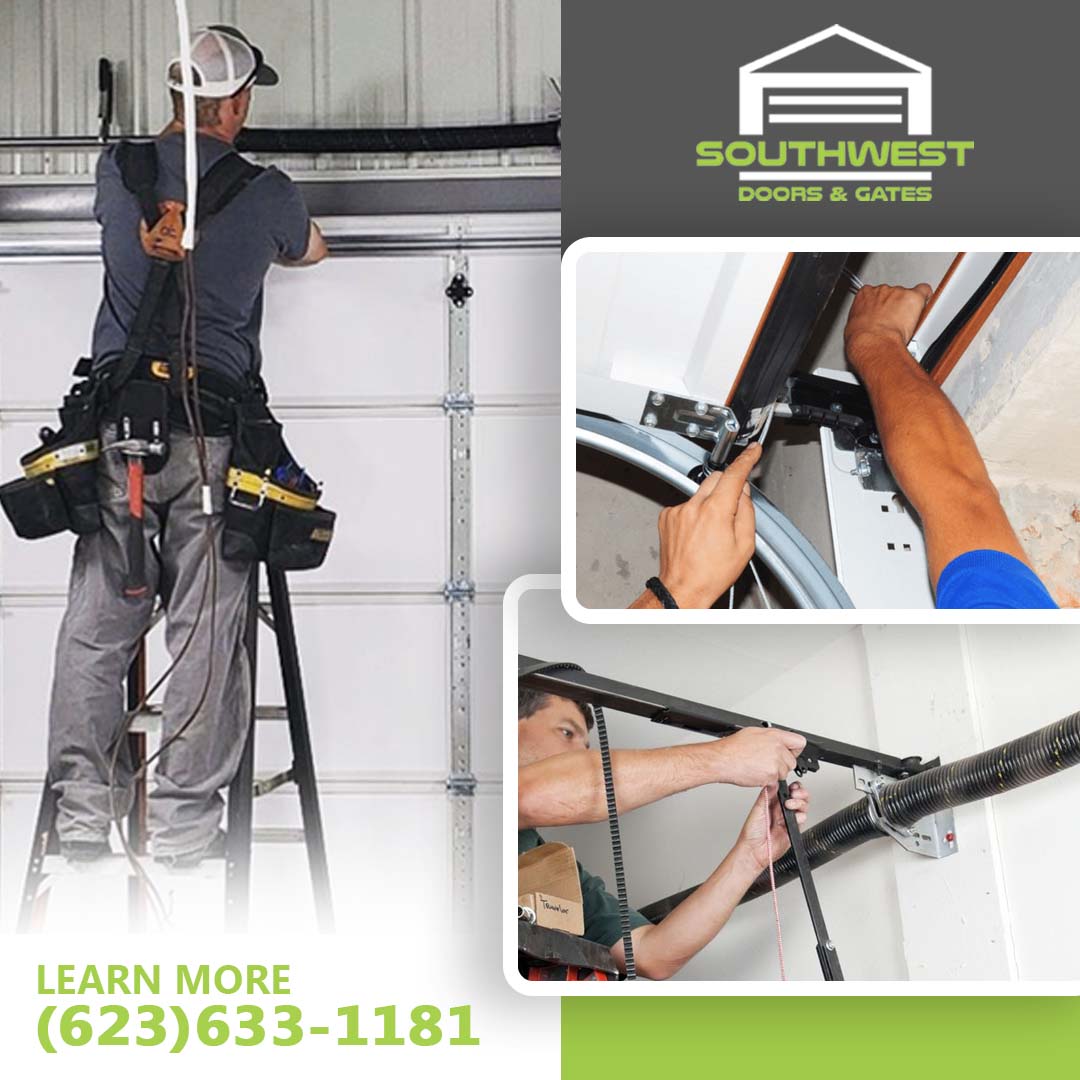 Garage door repair technician servicing springs and tracks – Southwest Doors & Gates in Gilbert, AZ.