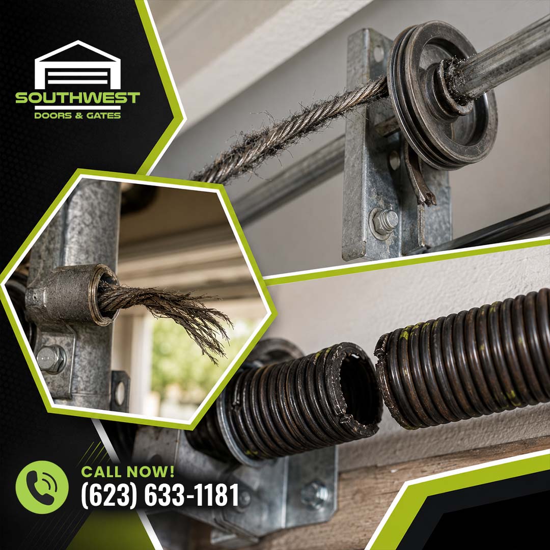 Close-up of a broken, snapped garage door torsion spring and a metal cable pulley, featuring a hexagonal inset of a frayed steel wire cable.