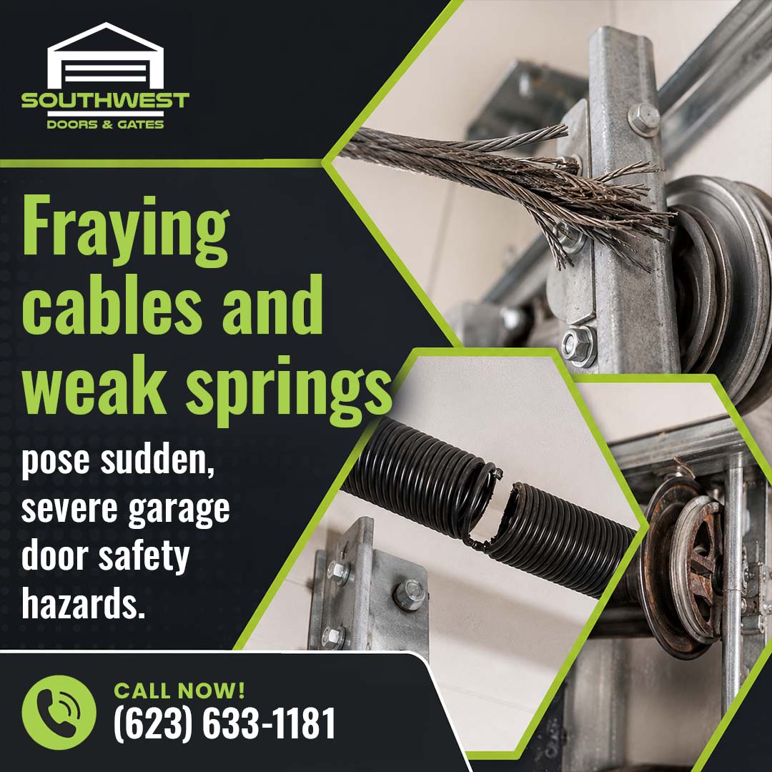 Close-up views of garage door hardware showing a frayed wire cable attached to a bracket, a snapped torsion spring gap, and cable pulley tracks.