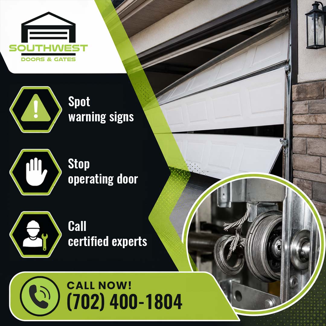 Crooked white garage door coming off its track alongside a circular inset highlighting a damaged, frayed garage door cable wound on a metal pulley.