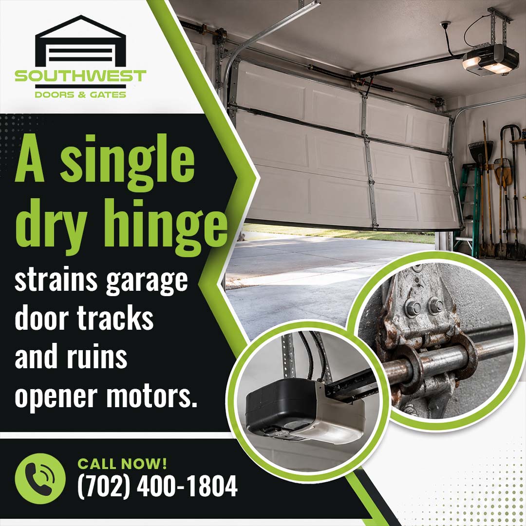 Interior view of a residential garage door with an electric opener unit, featuring circular insets of an overhead opener motor and a worn, unlubricated metal door hinge roller.