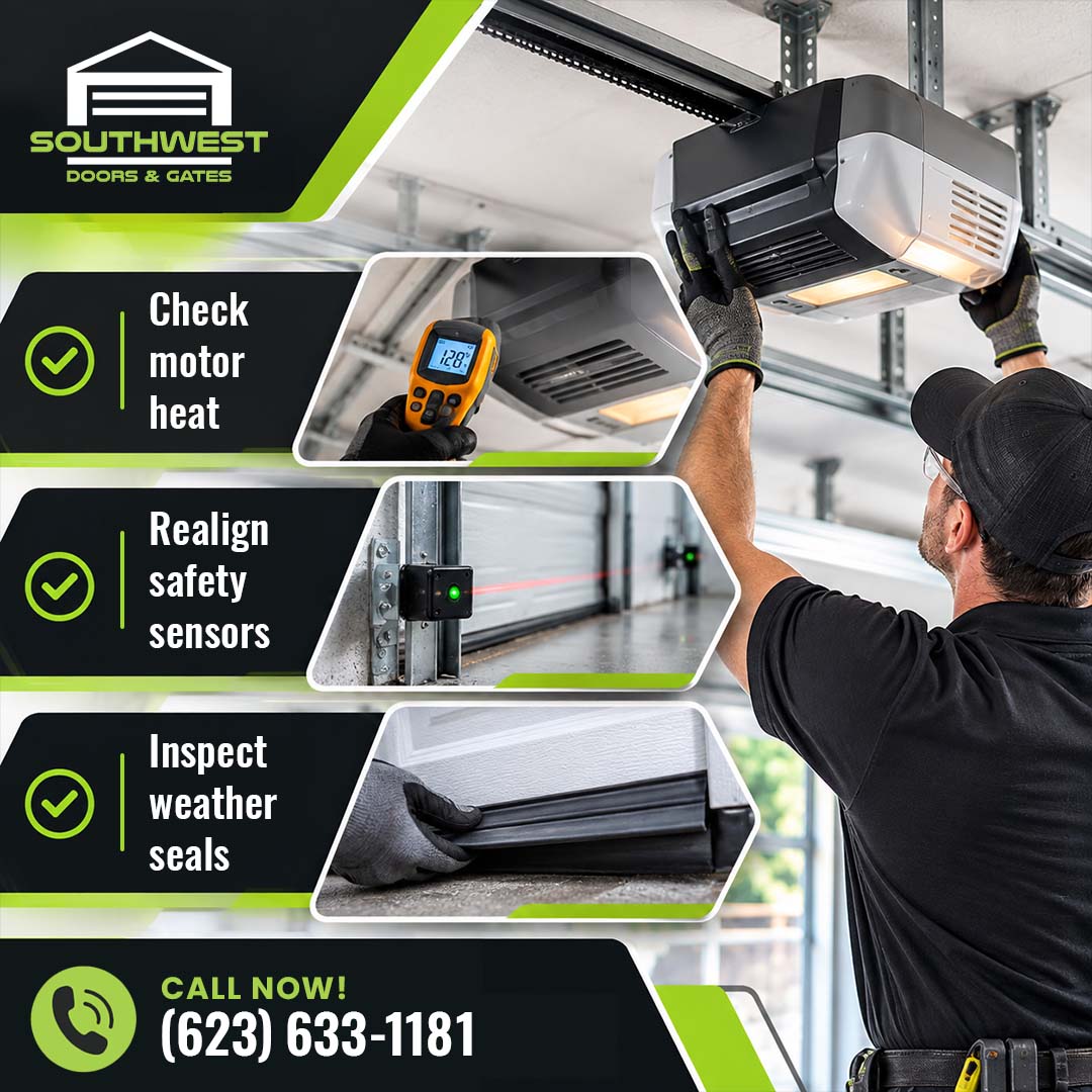 Technician servicing an overhead garage door opener unit, accompanied by three rounded checklist insets showing an infrared temperature reading on a motor, safety sensor realignment with an active laser beam, and inspecting a rubber bottom weather seal.