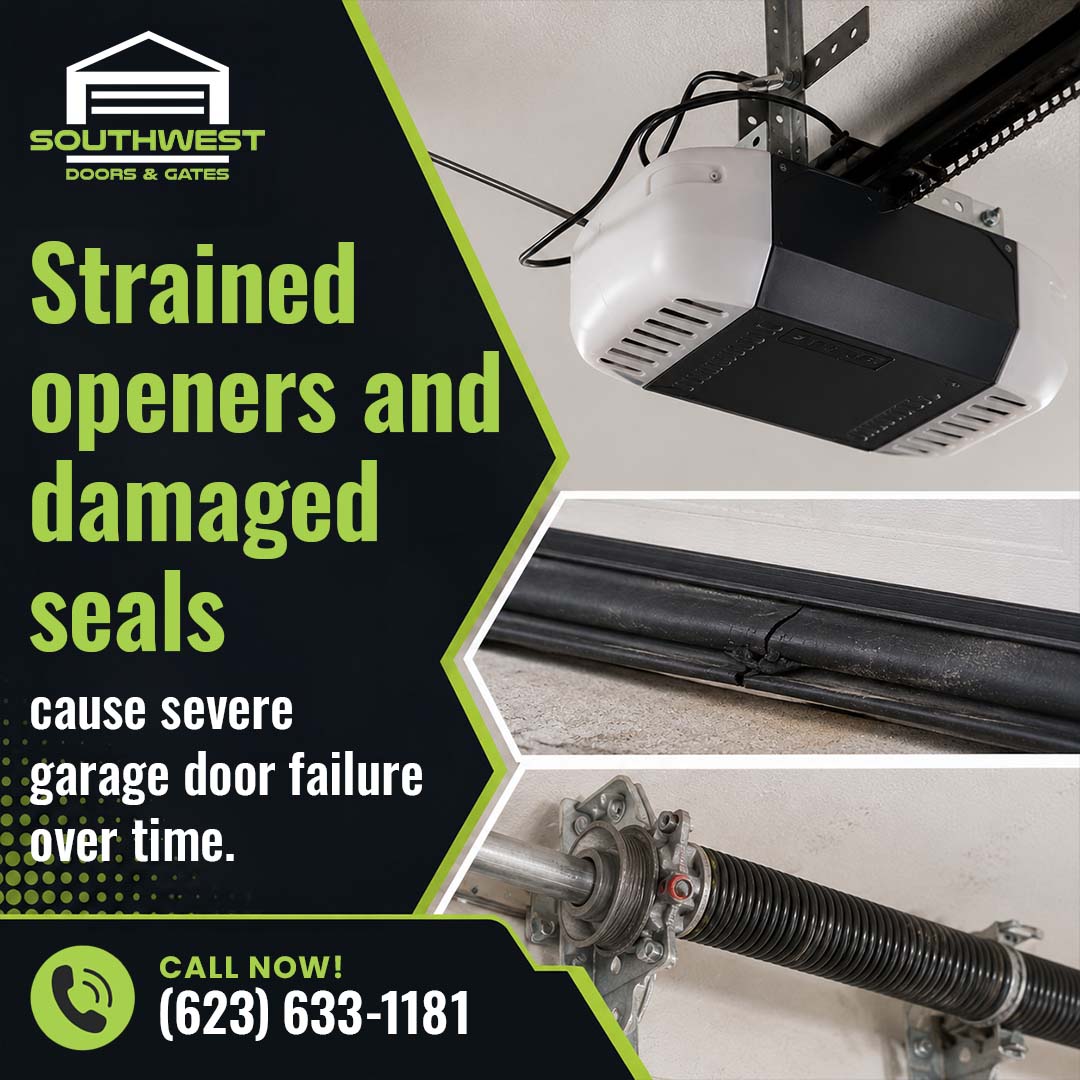 Ceiling-mounted electric garage door opener unit paired with segmented views of a cracked, worn rubber bottom seal and an overhead torsion spring assembly.