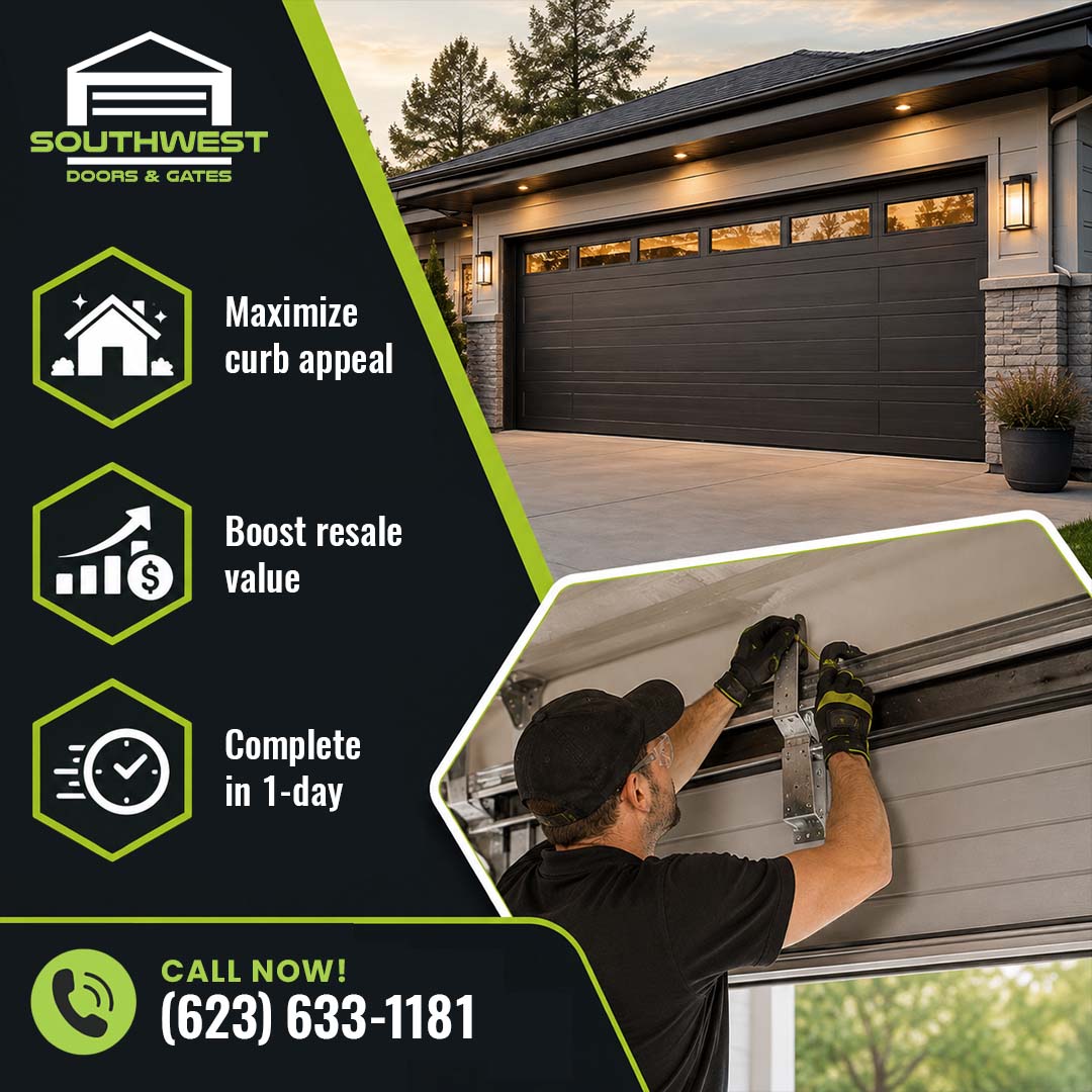 Exterior of a contemporary home with an illuminated dark garage door with top windows at dusk, alongside an inset of a technician mounting an overhead garage door track bracket.