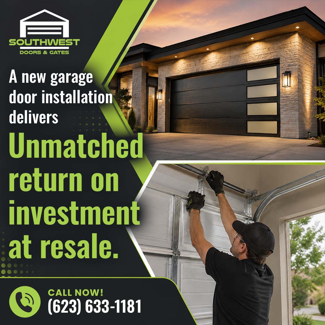 Modern residential home exterior with an illuminated contemporary dark garage door at sunset, paired with an inset view of a technician installing a garage door torsion spring system.