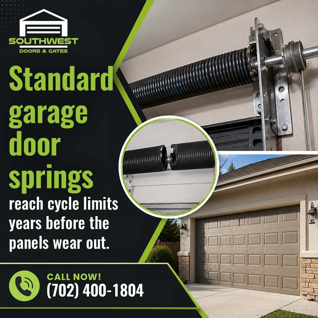 Torsion spring assembly mounted above a garage door alongside a beige residential garage exterior, featuring a circular inset showing a broken, snapped torsion spring.