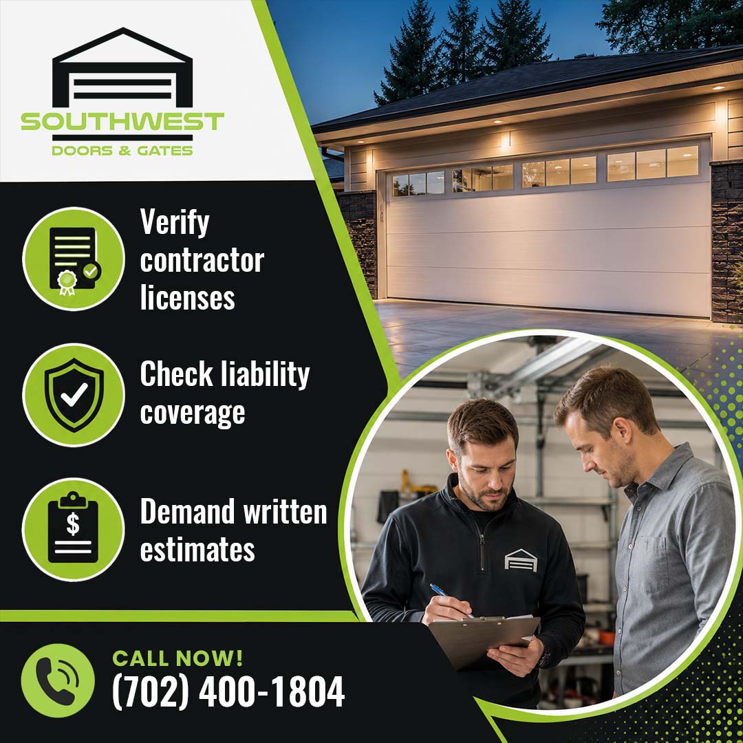 Exterior view of an illuminated modern garage door at dusk alongside a circular inset showing a technician reviewing a written estimate on a clipboard with a homeowner.