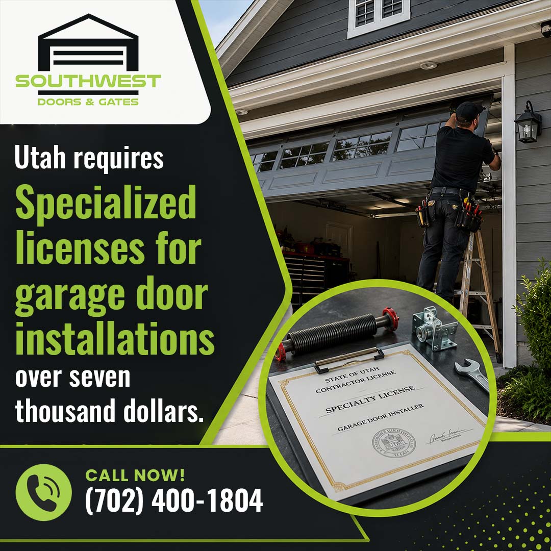 Technician on a ladder installing an overhead residential garage door alongside a circular inset showing a State of Utah contractor specialty license certificate with tools and hardware.