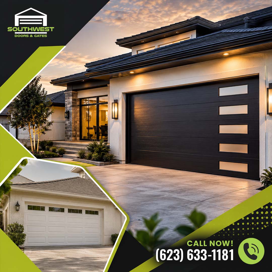 Exterior of a luxury modern home at dusk featuring an illuminated dark garage door with vertical window panels, paired with an inset of a standard white paneled garage door.