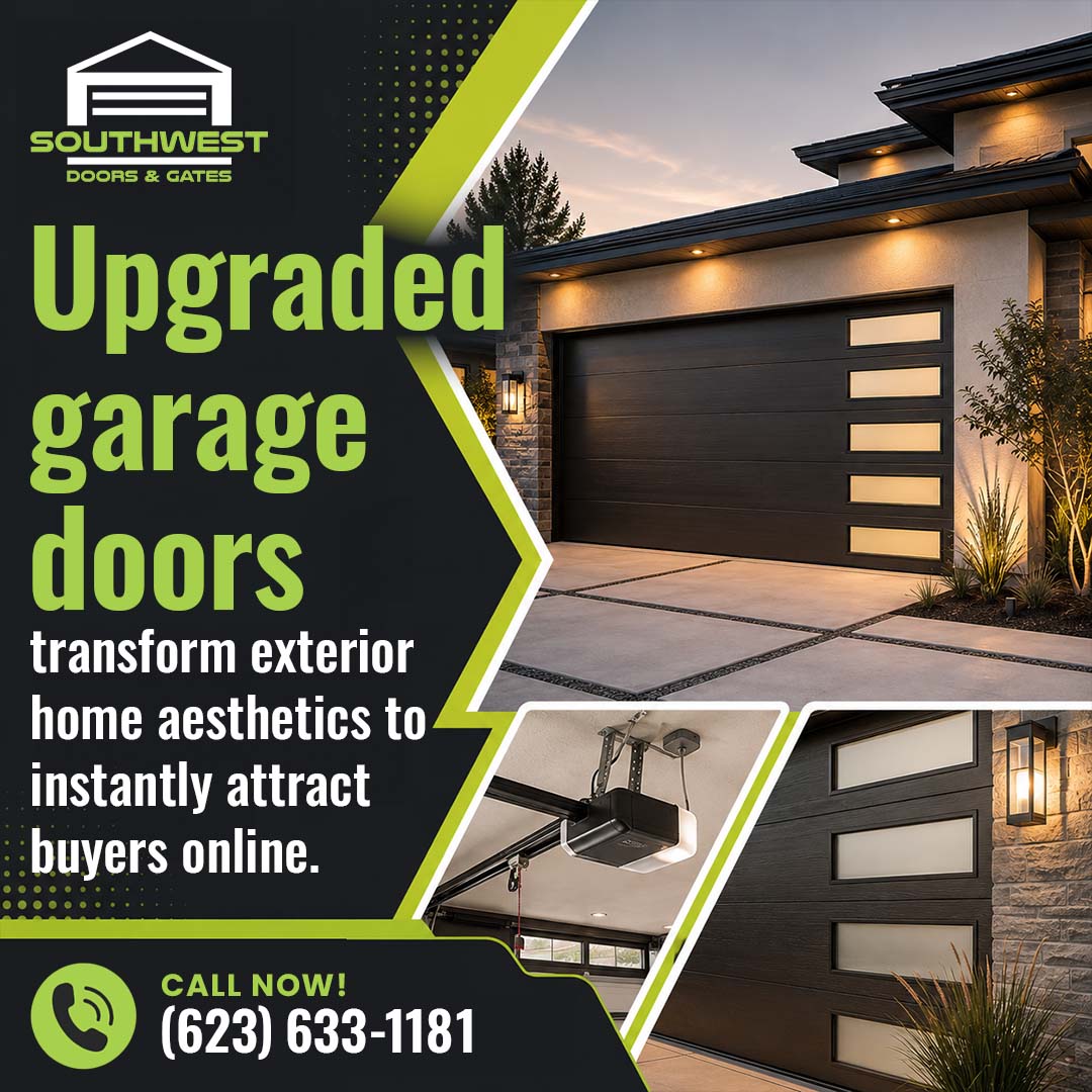 Exterior of a modern luxury home at dusk showcasing a sleek dark garage door with vertical window panels, featuring insets of an overhead ceiling-mounted opener unit and a detailed close-up of the textured vertical door panels.