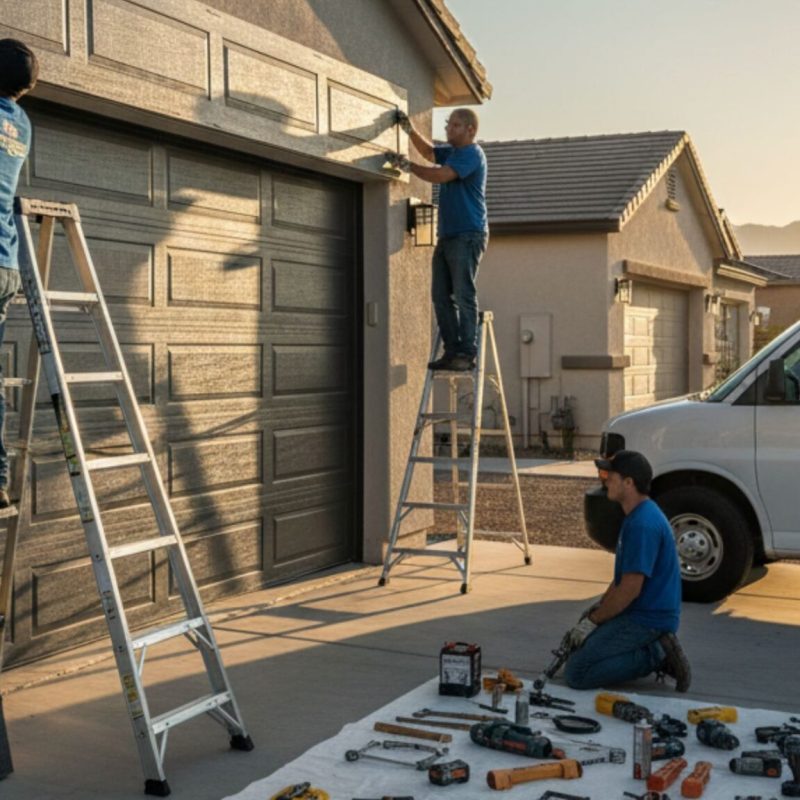Technician completing a garage door installation at a residential home