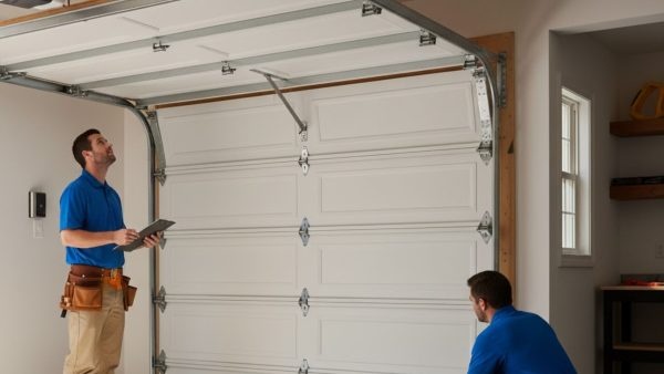 Two garage door technicians examining an open sectional garage door, one holding a tablet and tools.