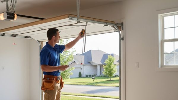 Technician performing a full garage door safety inspection at a residential property