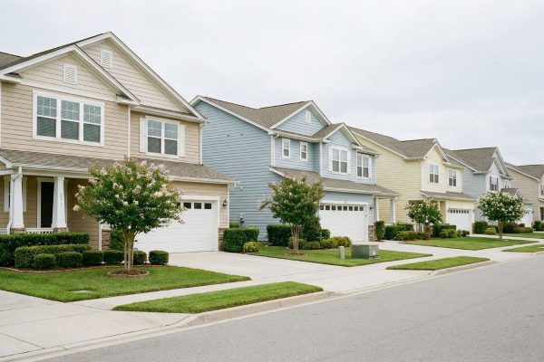 Row of suburban houses with driveways, garages, and neatly landscaped lawns