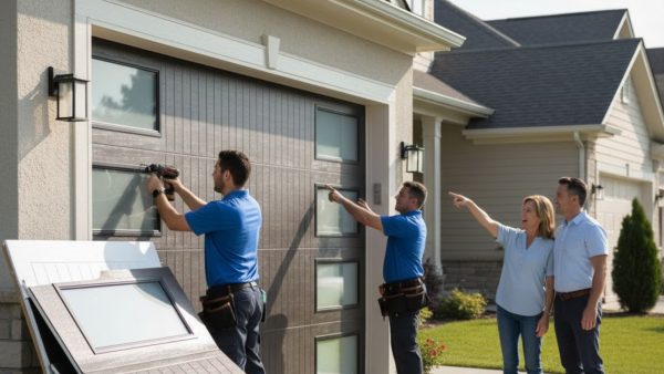 Technician consulting with a homeowner about garage door installation options